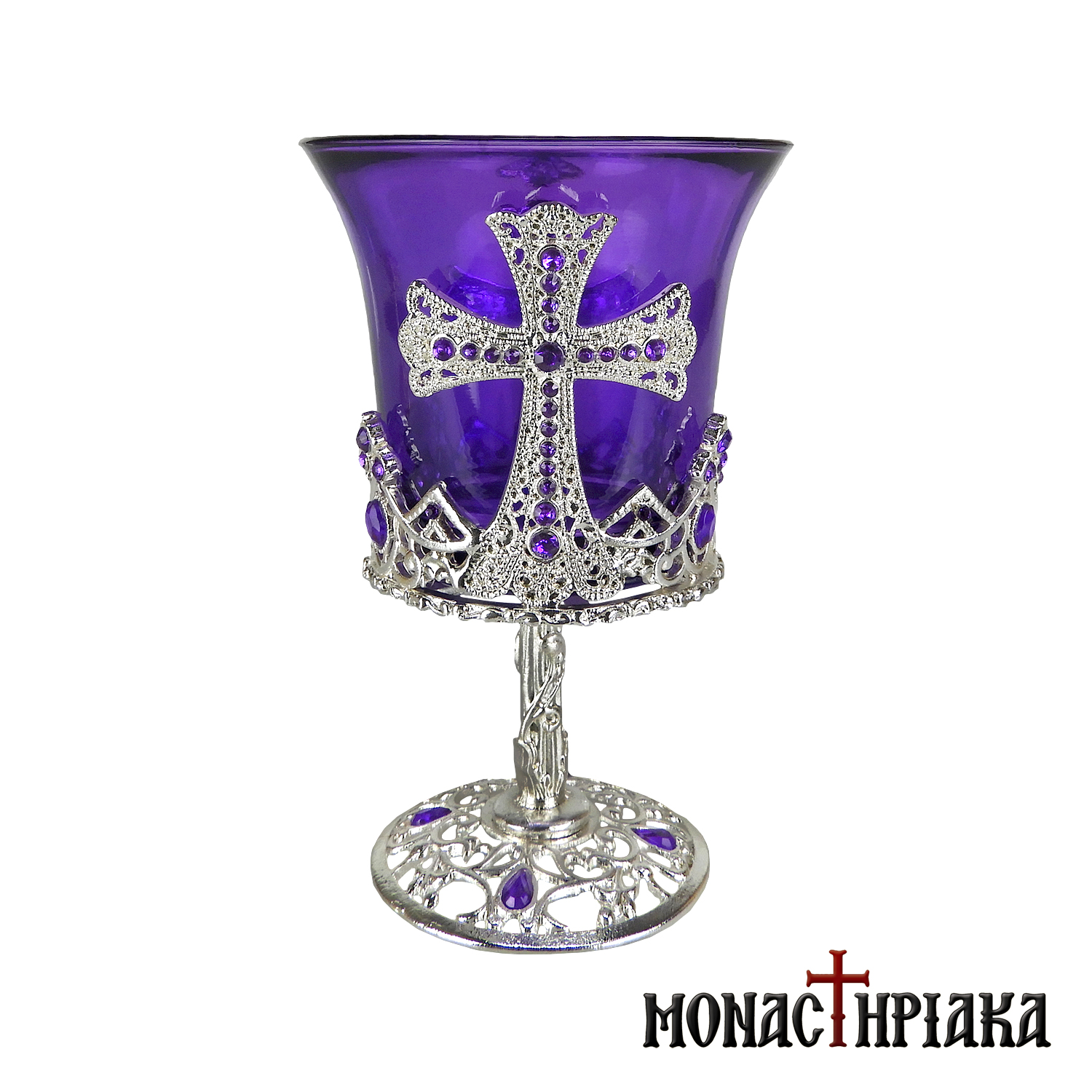 Orthodox Romanian Vigil Lamp Standing Cross Carvings Yellow Glass Ikonenampel 