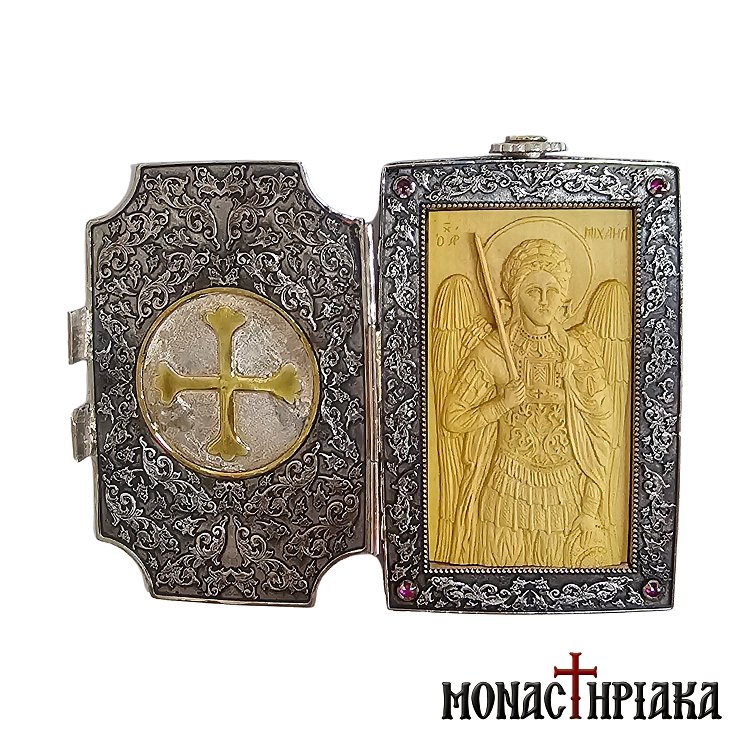 Wood-carved Icon of Archangel Michael in Silver Case