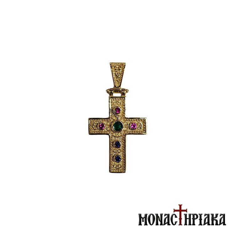Ασημένιος Επίχρυσος Σταυρός με Πέτρες Ροζ και Σμαραγδί
