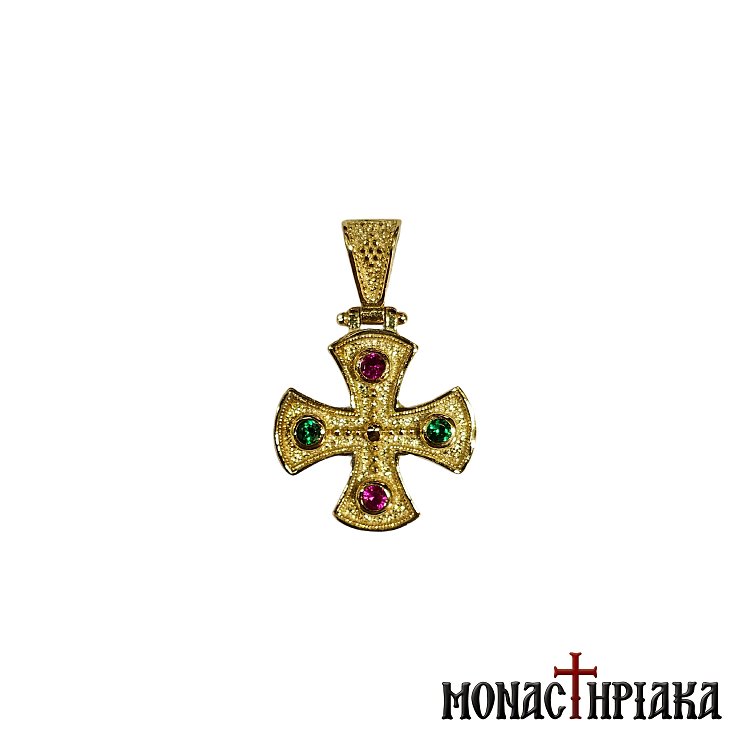 Ασημένιος Επίχρυσος Σταυρός με Ροζ και Σμαραγδί Πέτρες