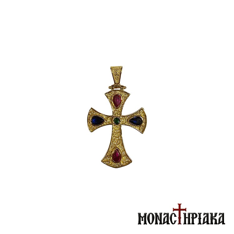 Ασημένιος Επίχρυσος Σταυρός με Μπλε και Κόκκινες Πέτρες