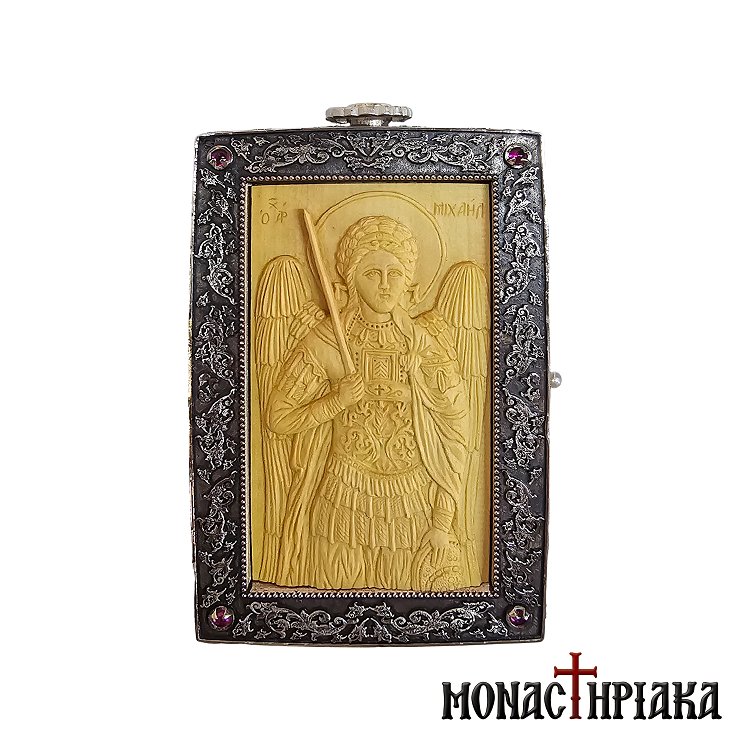 Wood-carved Icon of Archangel Michael in Silver Case