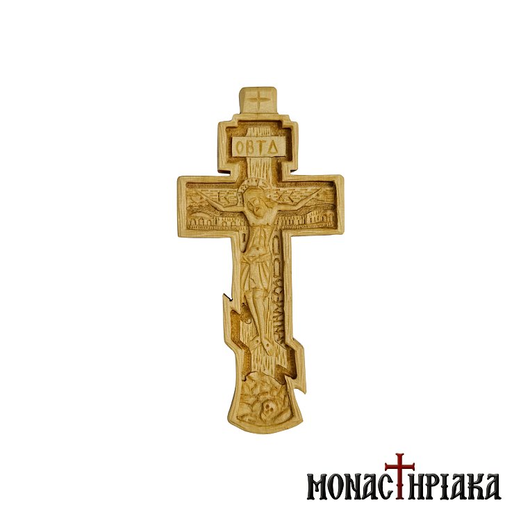 Wood carved pectoral cross with a footstool