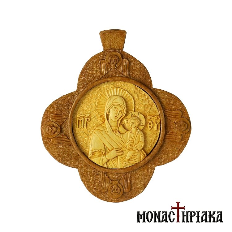 Wood Carved Pendant with Virgin Mary Gorgoepikoos