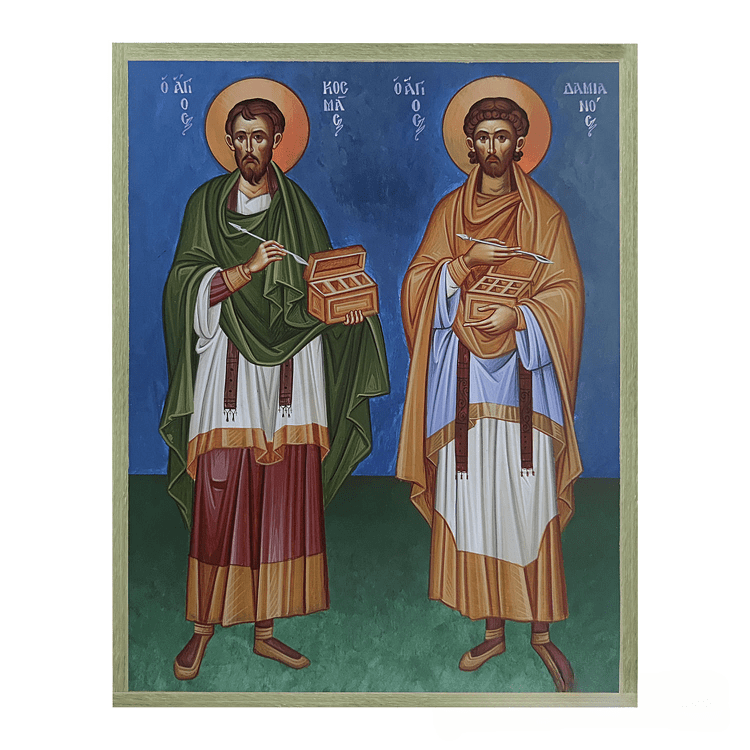 Handmade Iconography with Saints Cosmas and Damian