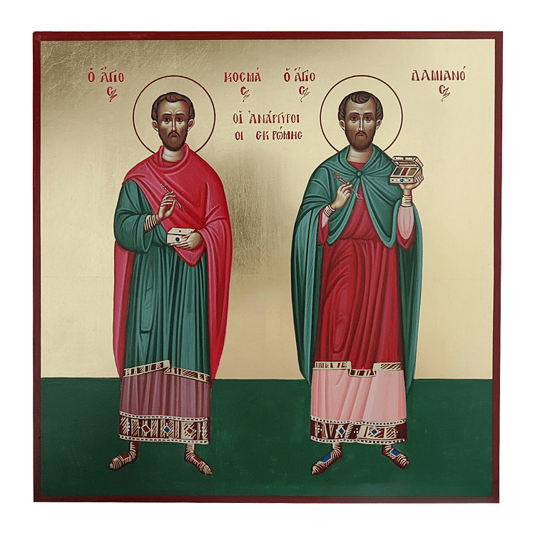 Icon on Wood with Holy Unmercenaries from Rome