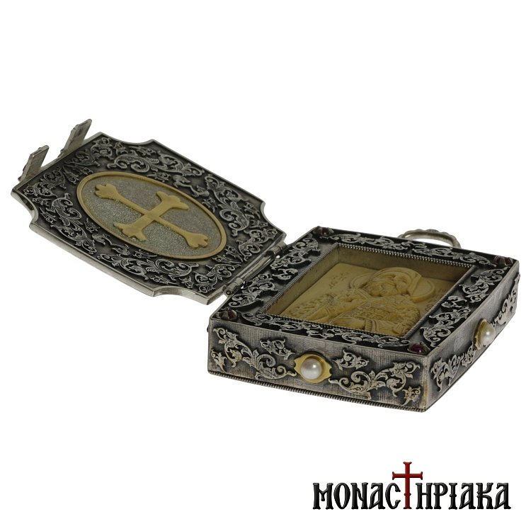 Silver Icon with Jesus Christ and Saint Nektarios Wood-carved