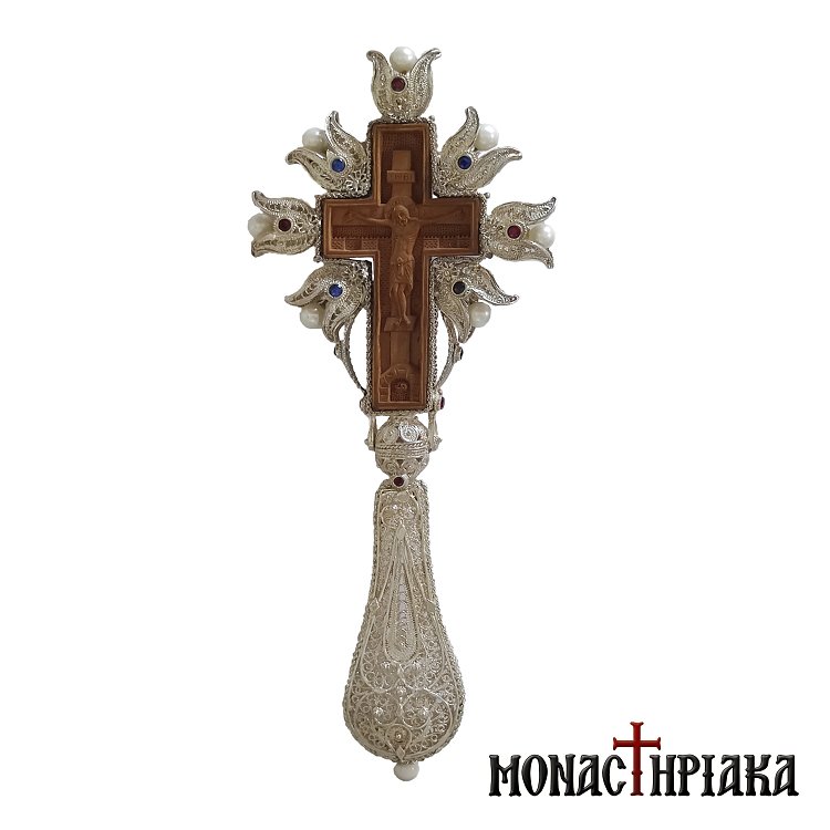 Ξυλόγλυπτος Σταυρός Ευλογίας με Περίτεχνα Σχέδια Φίλιγκραμ