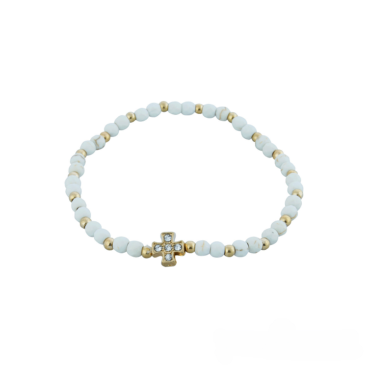 Bracelet with White Beads and Gold Cross