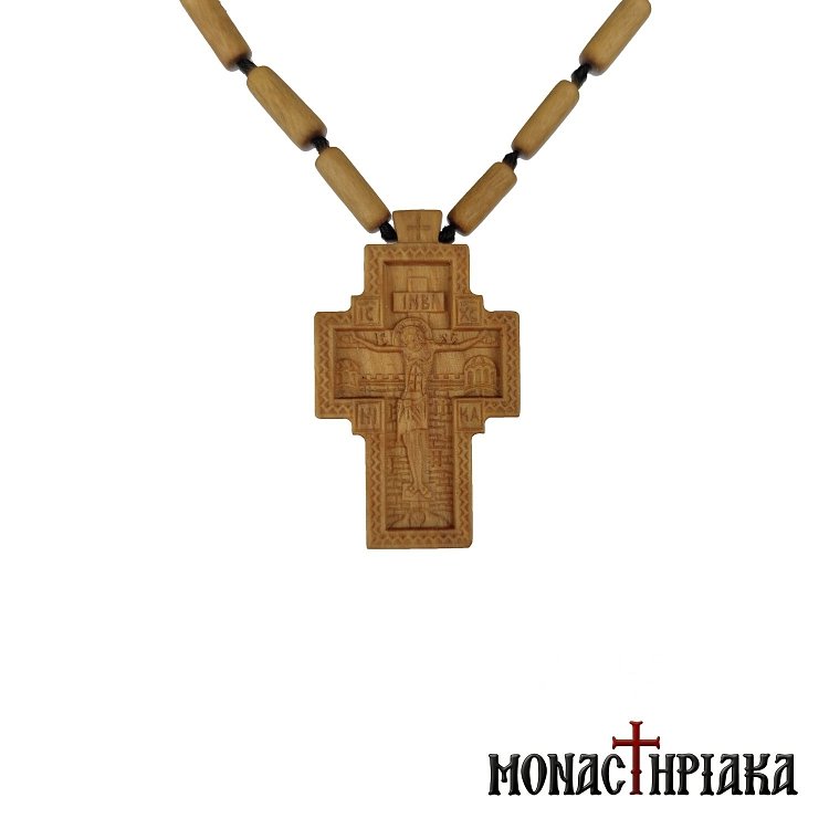 Ξυλόγλυπτος Βυζαντινός Σταυρός με Ξύλινη Αλυσίδα