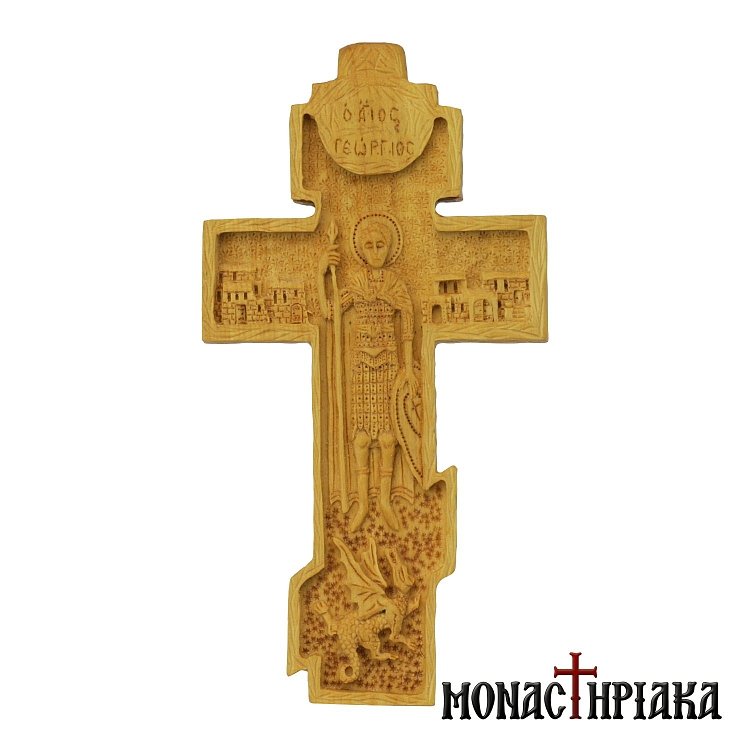 Bilateral hand carved cross with Crucified Jesus and Saint George