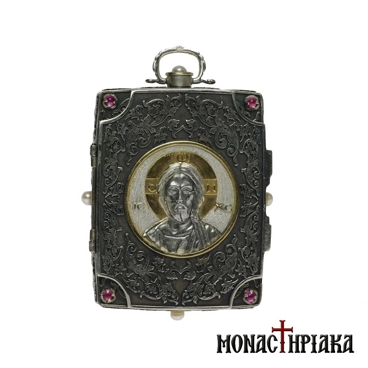 Silver Icon with Jesus Christ and Saint Nektarios Wood-carved