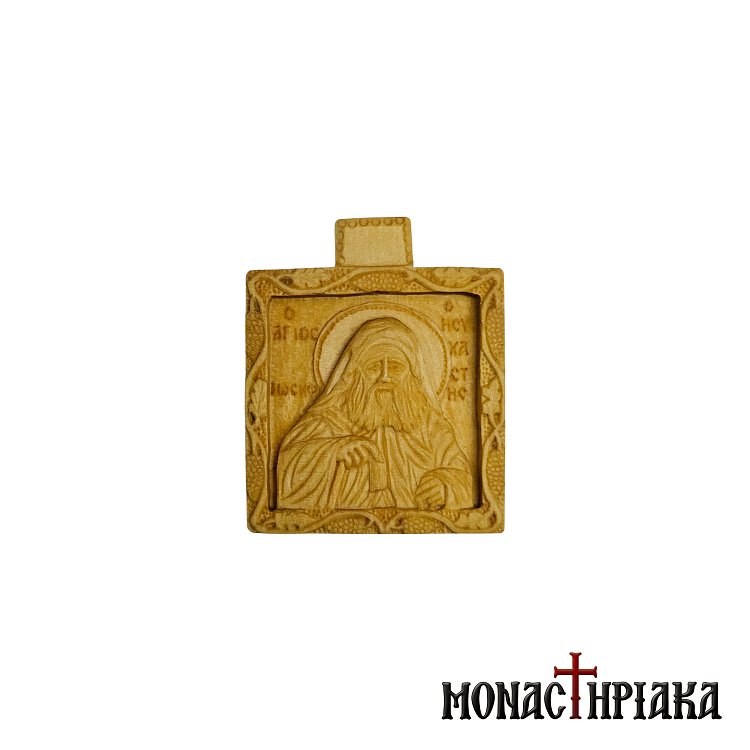 Wood-carved Engolpion with Saint Joseph the Hesychast