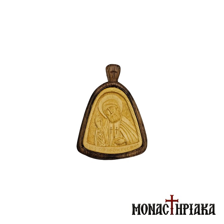 Wood Carved Engolpion with Saint Seraphim of Sarov