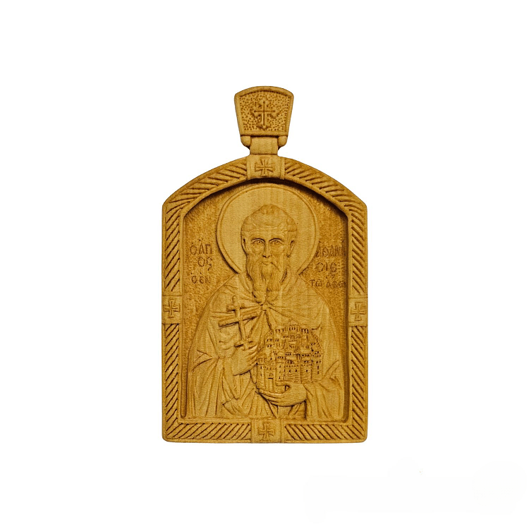 Wood-carved Engolpion with Saint Athanasius the Athonite