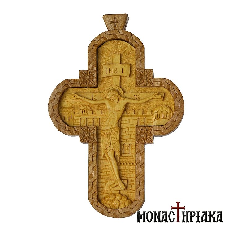 Wood Carved Pectoral Cross Made of Box and Pear Wood