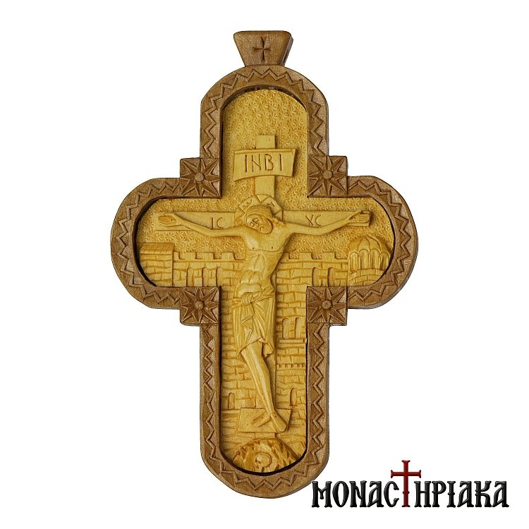 Wood Carved Pectoral Cross Made of Box and Pear Wood