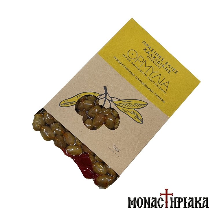 Πράσινες Ελιές Πικάντικες με Βότανα και Καυτερές Πιπεριές Ιεράς Μονής Ευαγγελισμού Θεοτόκου - 500 γρ.
