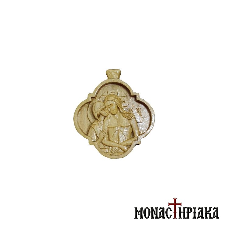 Small Wood Carved Engolpion with Jesus Christ & Virgin Mary