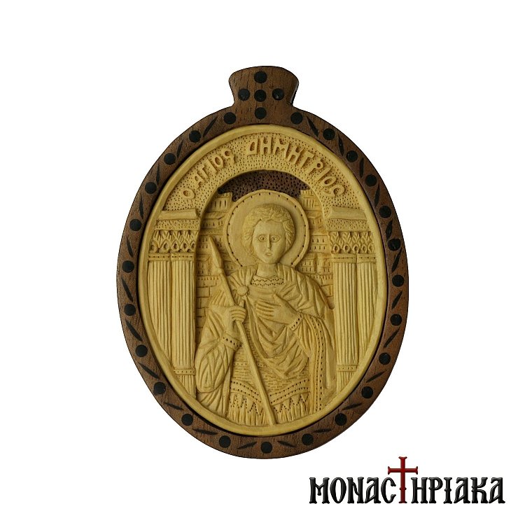 Wood Carved Encolpion | Saint Demetrios