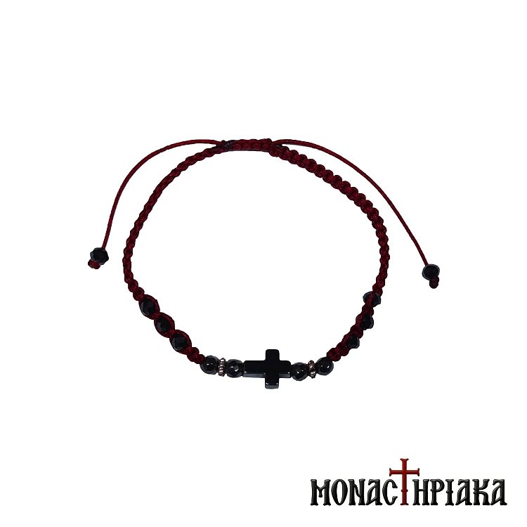 Knitted Bracelet with Red Thread and Hematite Cross