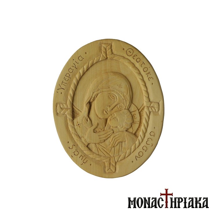 Wood Carved Engolpion with Theotokos Glykofilousa