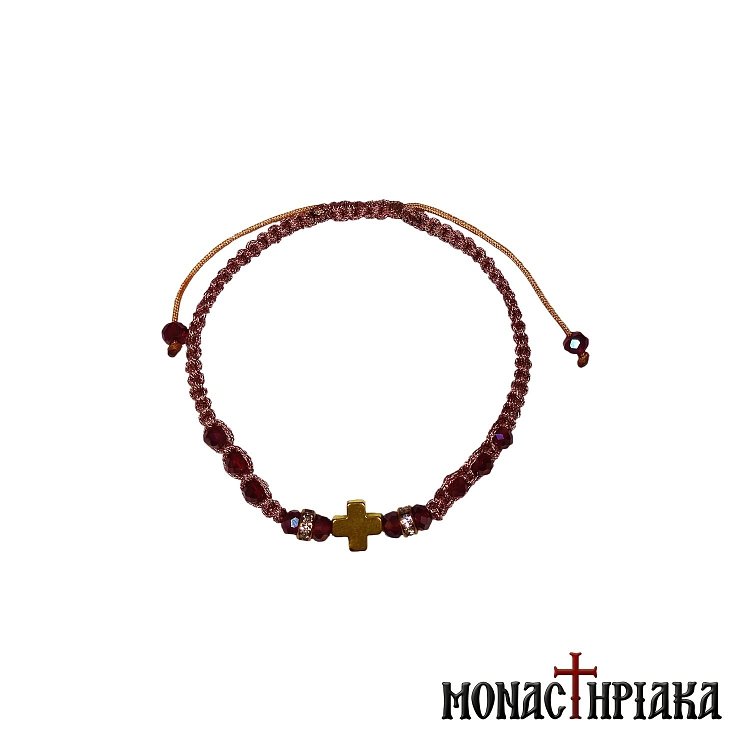 Knitted Bracelet with Bordeaux Beads and Cross