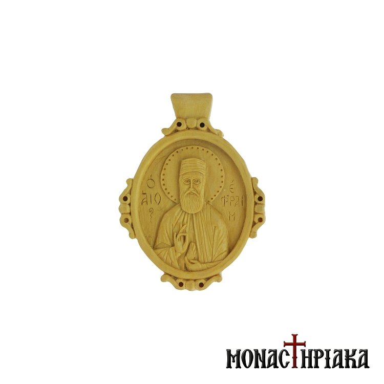 Small Wood Carved Engolpion with Saint Ephraim of Nea Makri