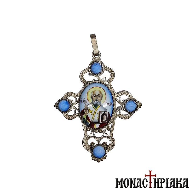 Silver Cross with Enamel Saint Nicholas