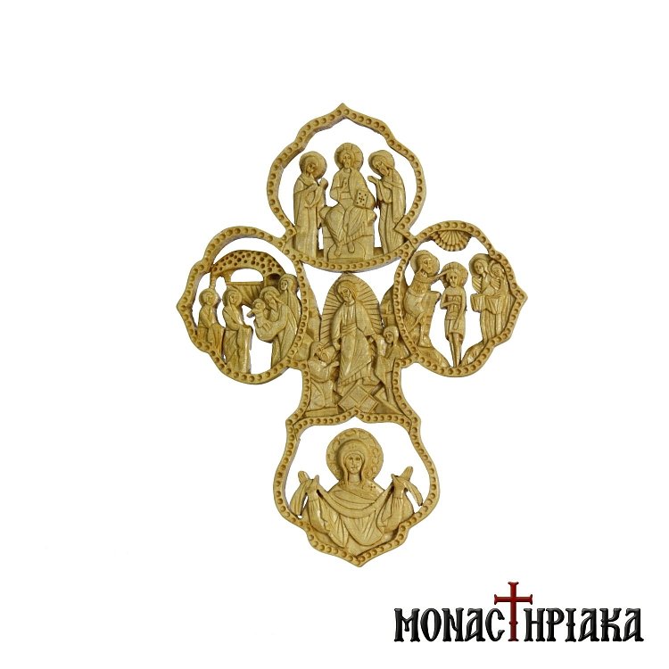 Ξυλόγλυπτος Πολυπρόσωπος Σταυρός με Παραστάσεις με την Παναγία & τον Κύριο