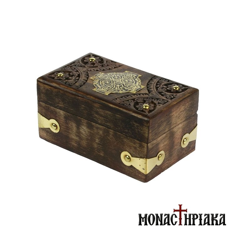 Wooden Box with Cross and Brass Decorating Elements
