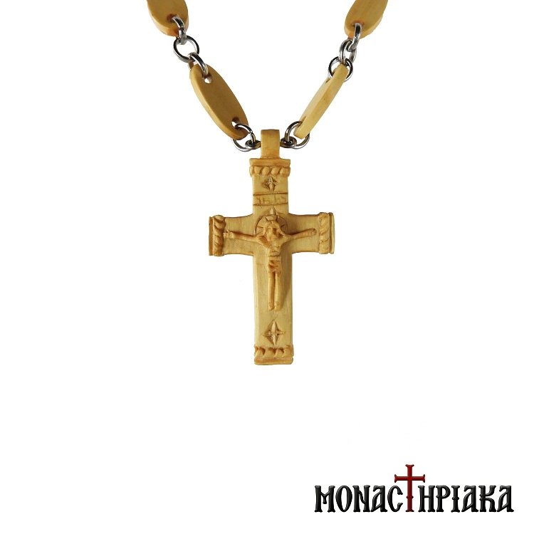 Ξυλόγλυπτος Βυζαντινός Σταυρός με Ξύλινη Αλυσίδα