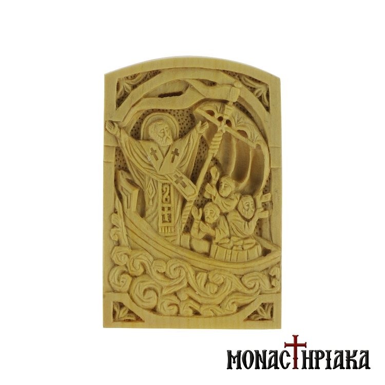 Wood Carved Icon with Saint Nicholas and the Miracle