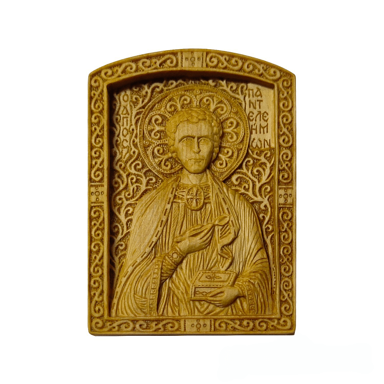 Wood Carved Icon of Saint Panteleimon