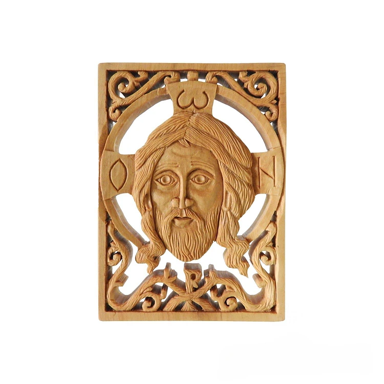 Hand Carved Wooden Icon with the Face of Jesus Christ