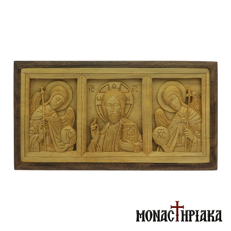 Wood Carved Icon of Jesus Christ and the Archangels