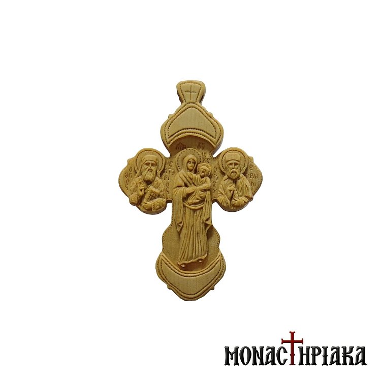 Wood Carved Multi-Person Cross | Virgin Mary - Saint Ephraim - Saint Nektarios