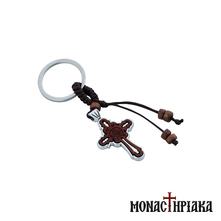 Keychain with a Wooden Cross and Holy Mandylion