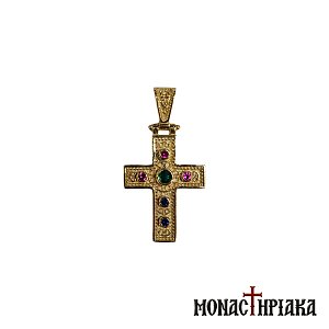 Ασημένιος Επίχρυσος Σταυρός με Πέτρες Ροζ και Σμαραγδί