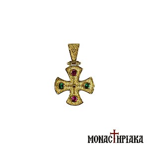 Ασημένιος Επίχρυσος Σταυρός με Ροζ και Σμαραγδί Πέτρες