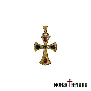 Ασημένιος Επίχρυσος Σταυρός με Μπλε και Κόκκινες Πέτρες