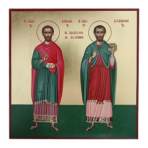 Icon on Wood with Holy Unmercenaries from Rome