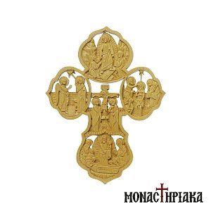 Wood Carved Multi-person Cross with Various Pictorial Representations