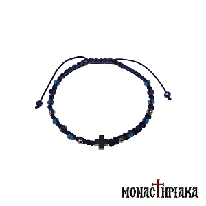 Knitted Bracelet with Blue Beads and Cross