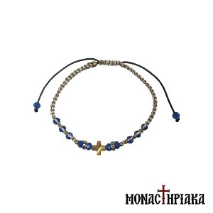 Knitted Bracelet with Cross and Blue Beads