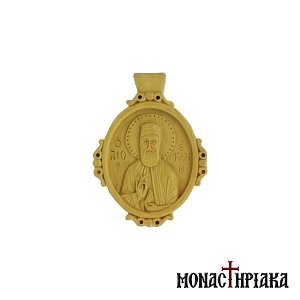 Small Wood Carved Engolpion with Saint Ephraim of Nea Makri