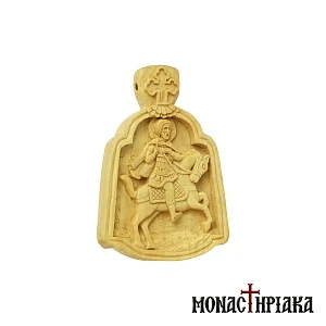 Small wood carved engolpion (panagia) with Saint Minas