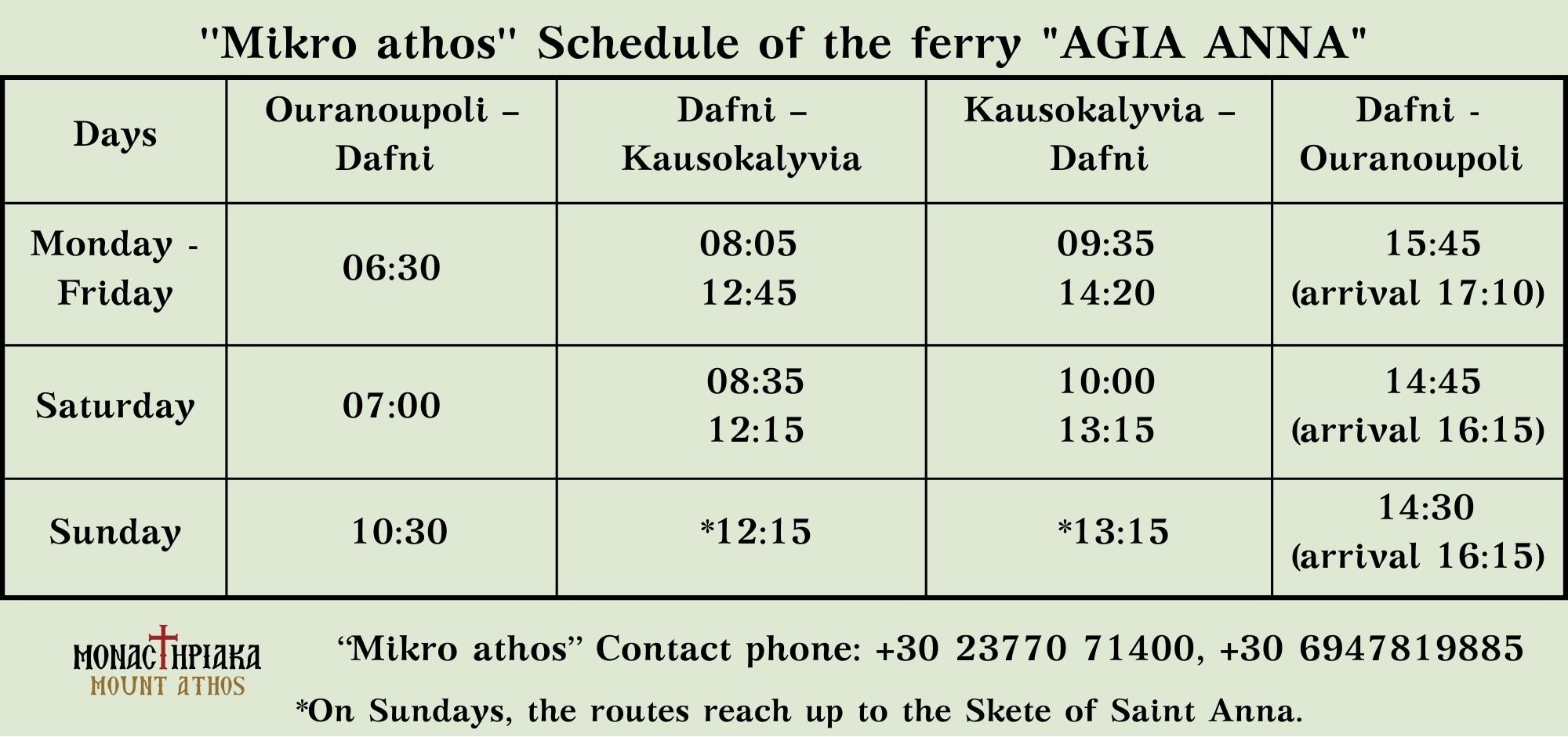 Schedule of the ferry Agia Anna