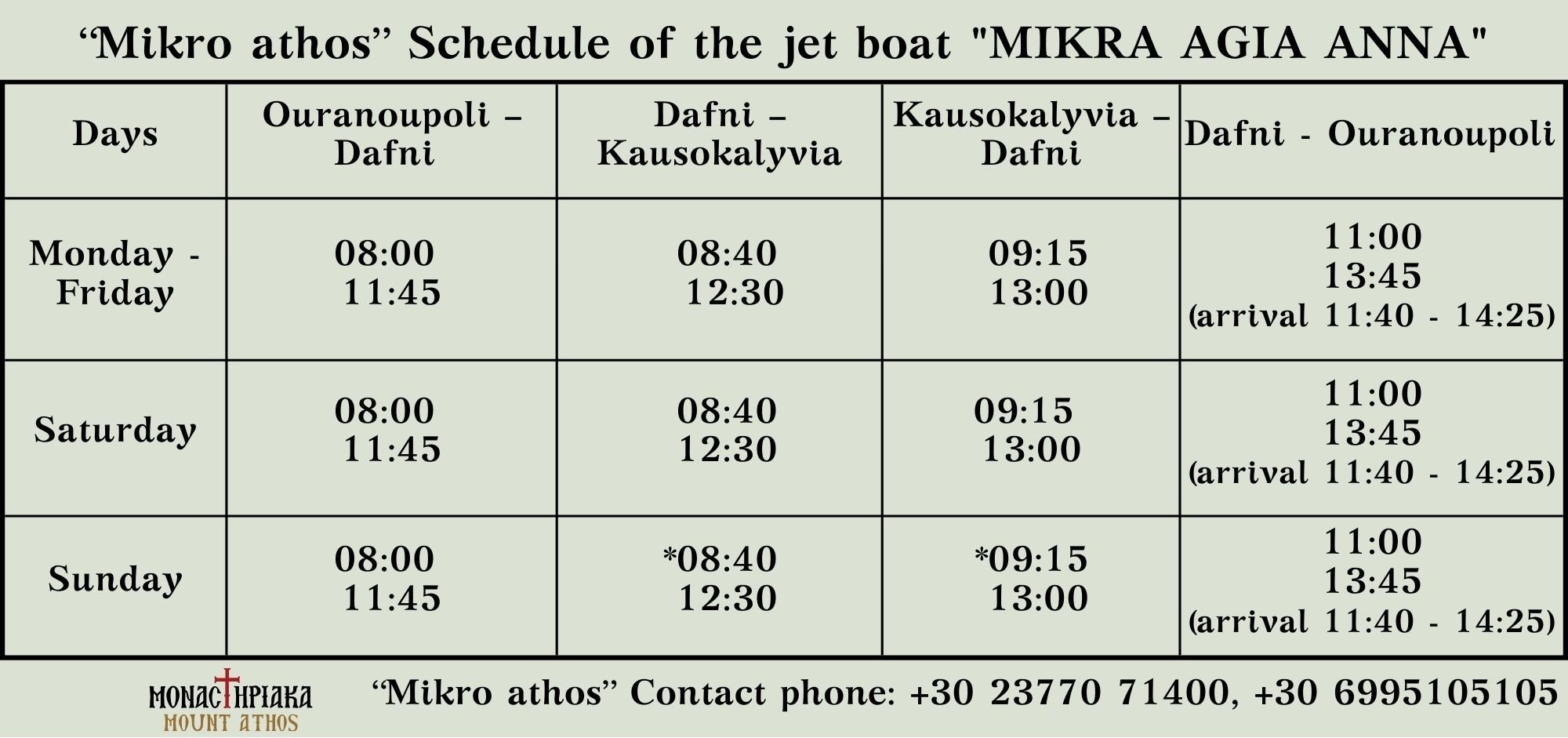 Schedule of the ferry Mikra Agia Anna