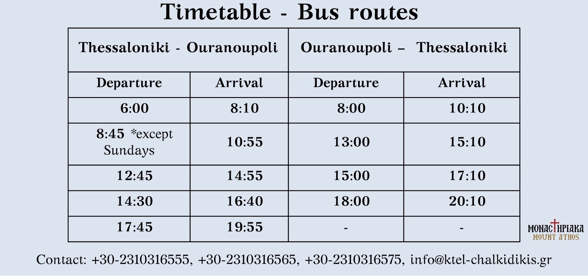 Timetable of KTEL bus schedule to Ouranoupoli, Chalkidiki